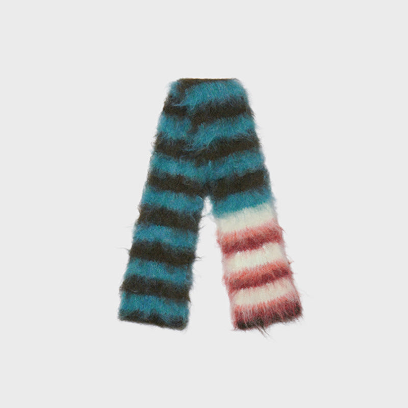 Korean designer order contrasting color striped knitted scarf women's autumn and winter niche fine narrow soft waxy wool scarf