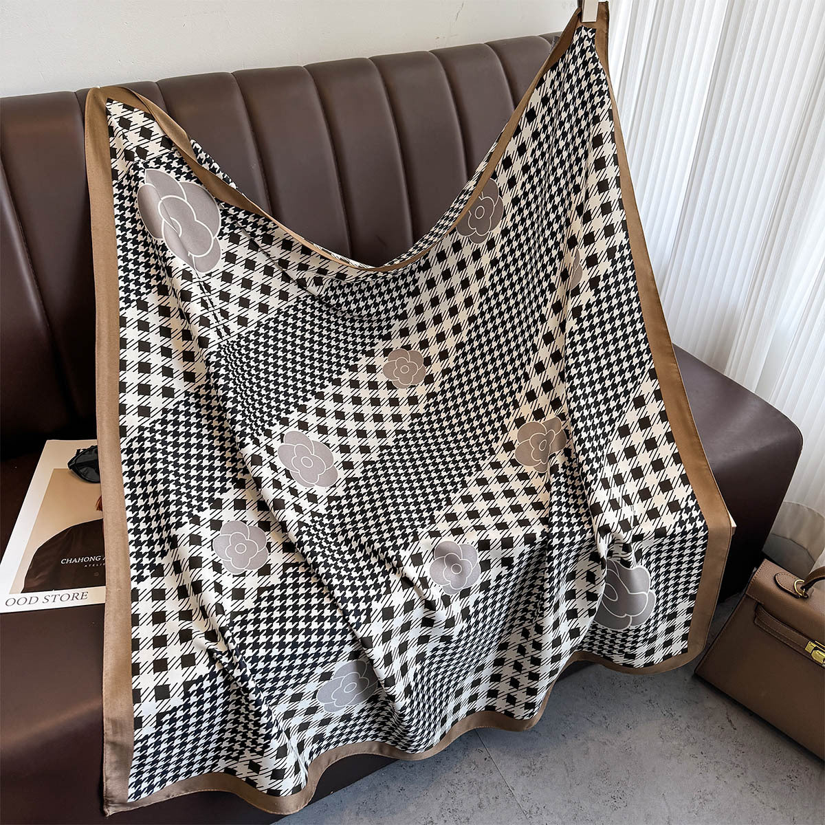 New Korean version plaid printing light luxury large square scarf spring and summer sunscreen silk scarf air conditioner warm shawl women