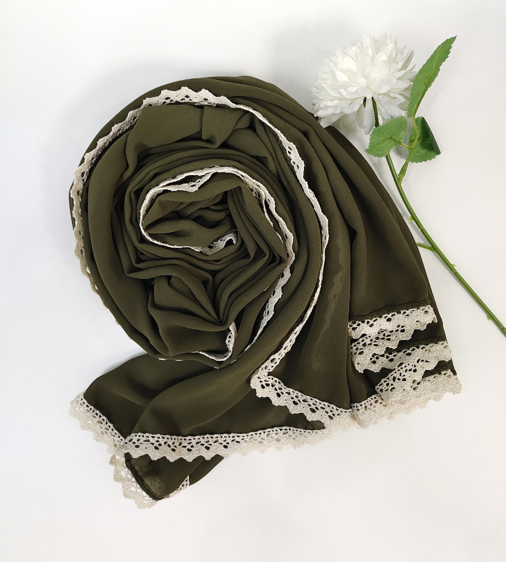 New ins fashion monochrome pearl chiffon lace fringed  scarf headscarf hijab