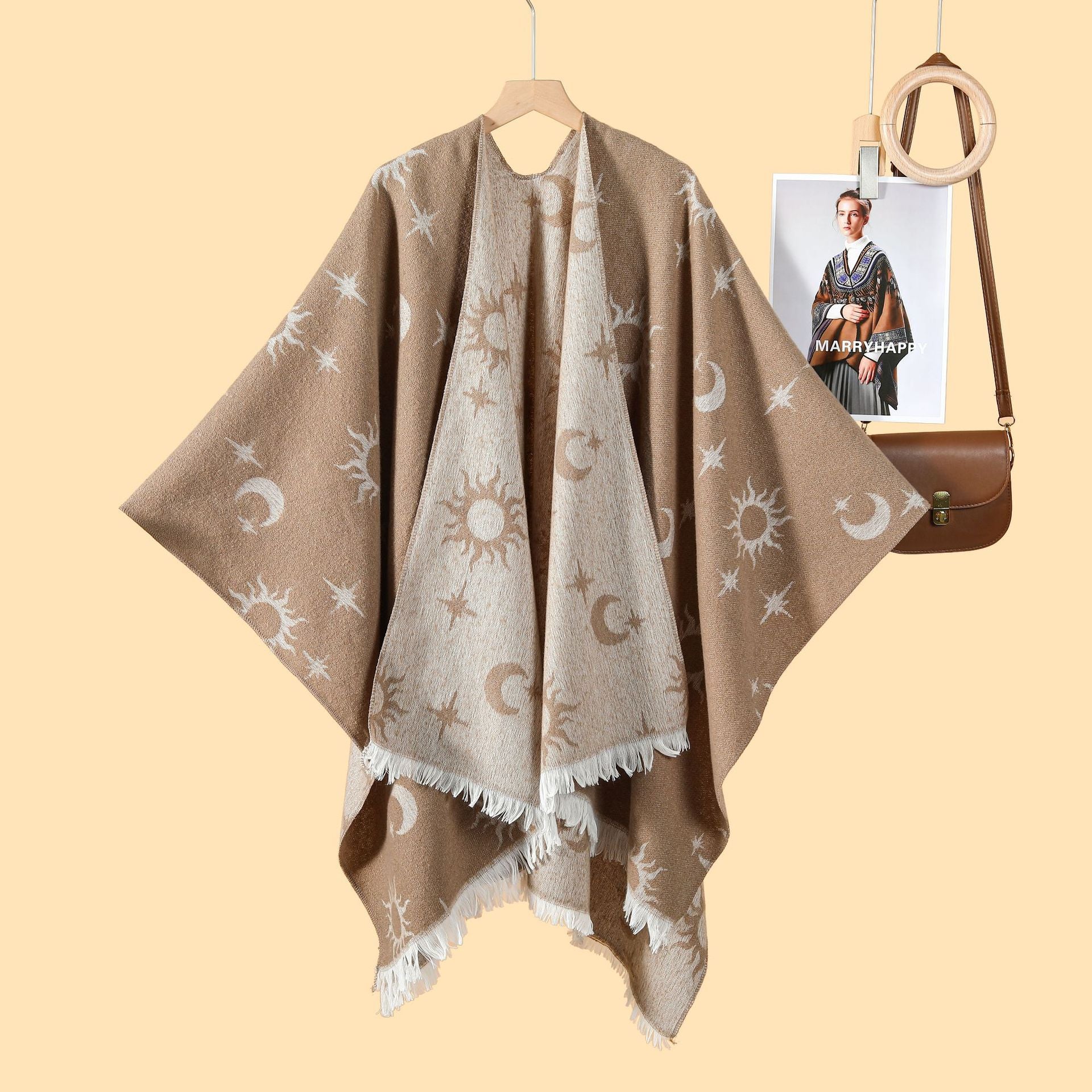 New European and American Women's Double-sided Fringed Jacquard Split Warm Shawl Cardigan Autumn and Winter Cape