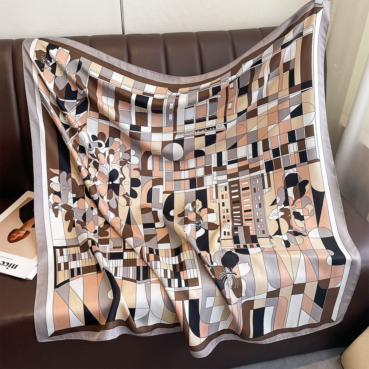 New geometric flower 90 twill large square scarf fashion printing imitation silk windproof shawl headscarf women