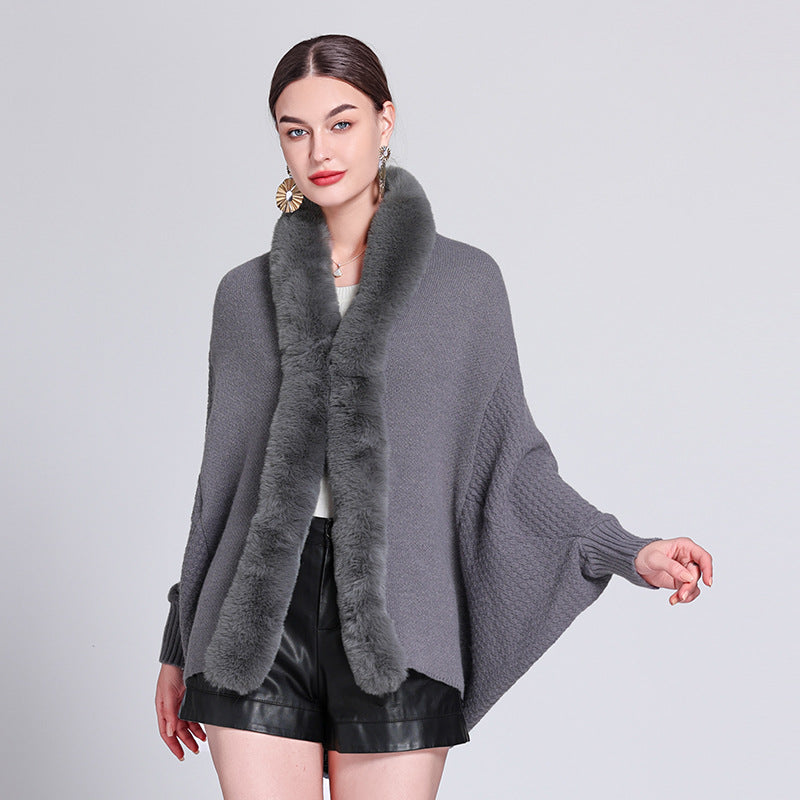 Autumn and winter new fashion loose fur collar bat sleeve knitted cardigan shawl with cape jacket women 1226