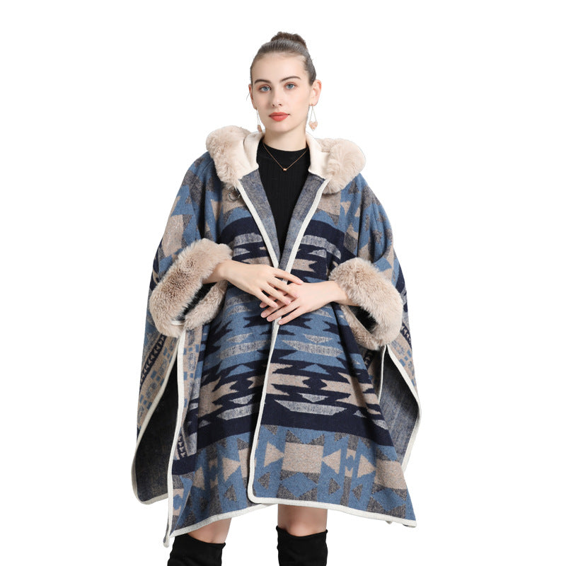 European and American autumn and winter new large size loose cloak imitation fur collar jacquard knitted cardigan shawl cloak jacket 0967 #
