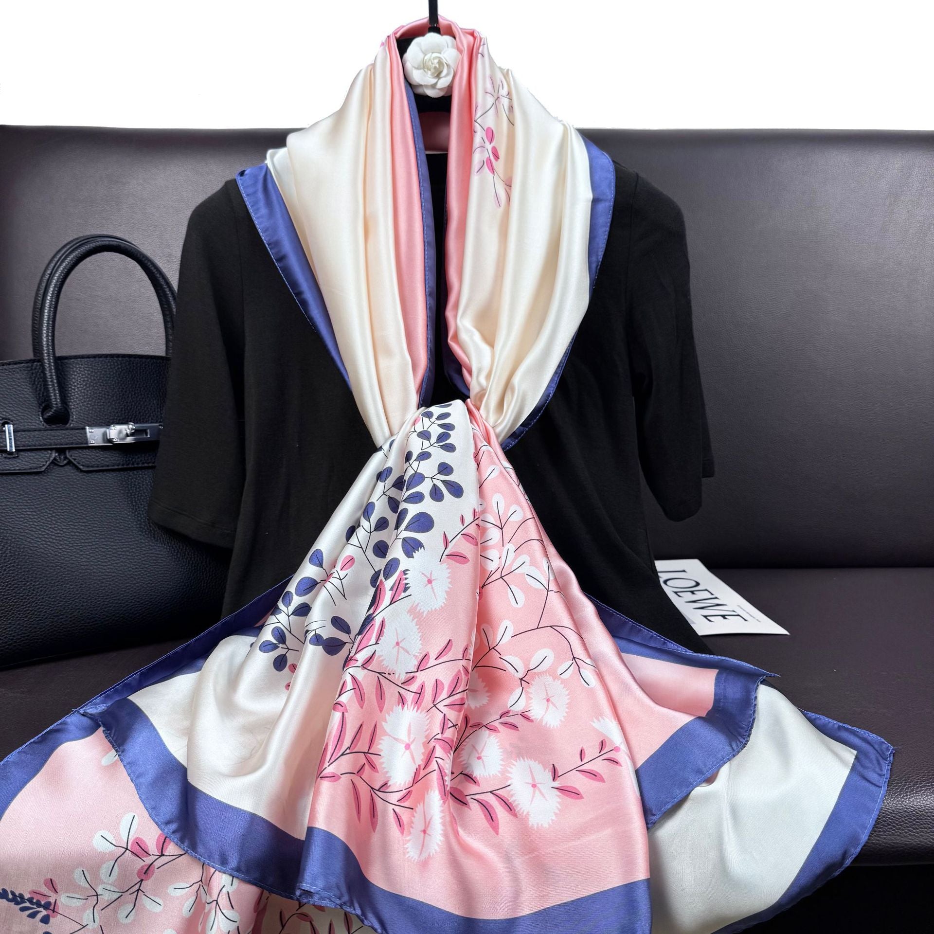 Korean version of simple and versatile geometric color matching plants and flowers long silk scarves, simple and elegant ethnic women with thin shawls