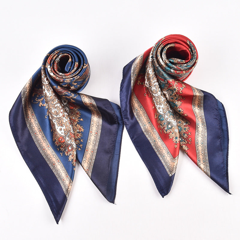New versatile women's shawl scarf simulation silk 90 satin women's printed temperament silk scarf large square scarf headscarf