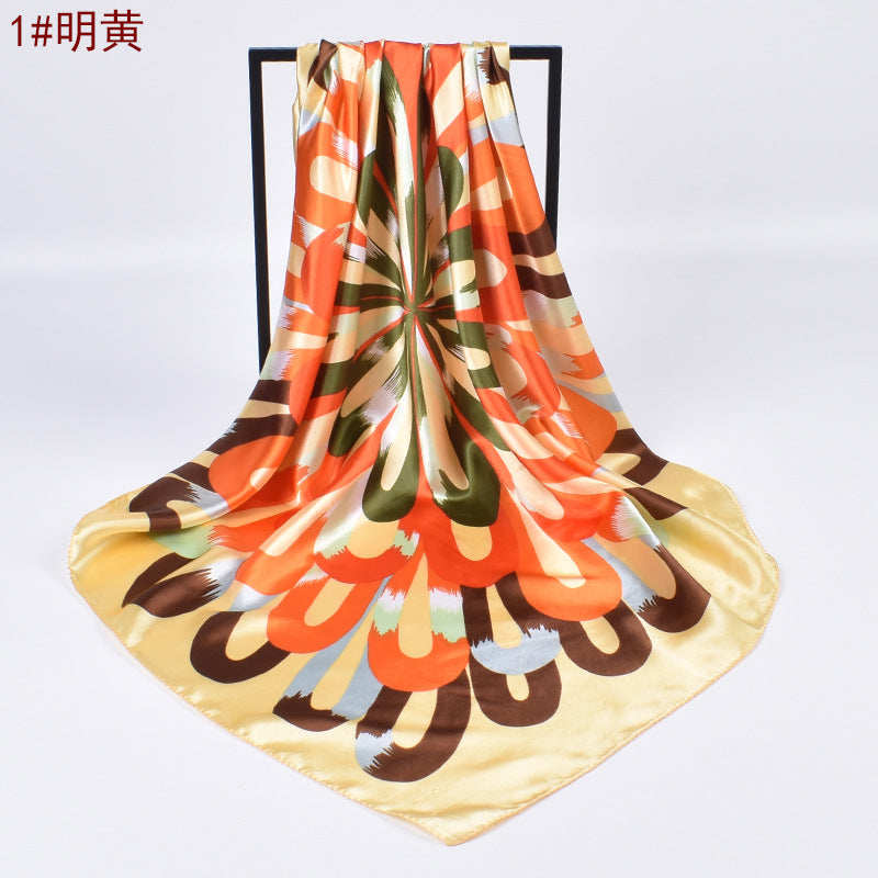 Autumn new fashionable and elegant flower satin large square scarf silk scarf fashion imitation silk scarf