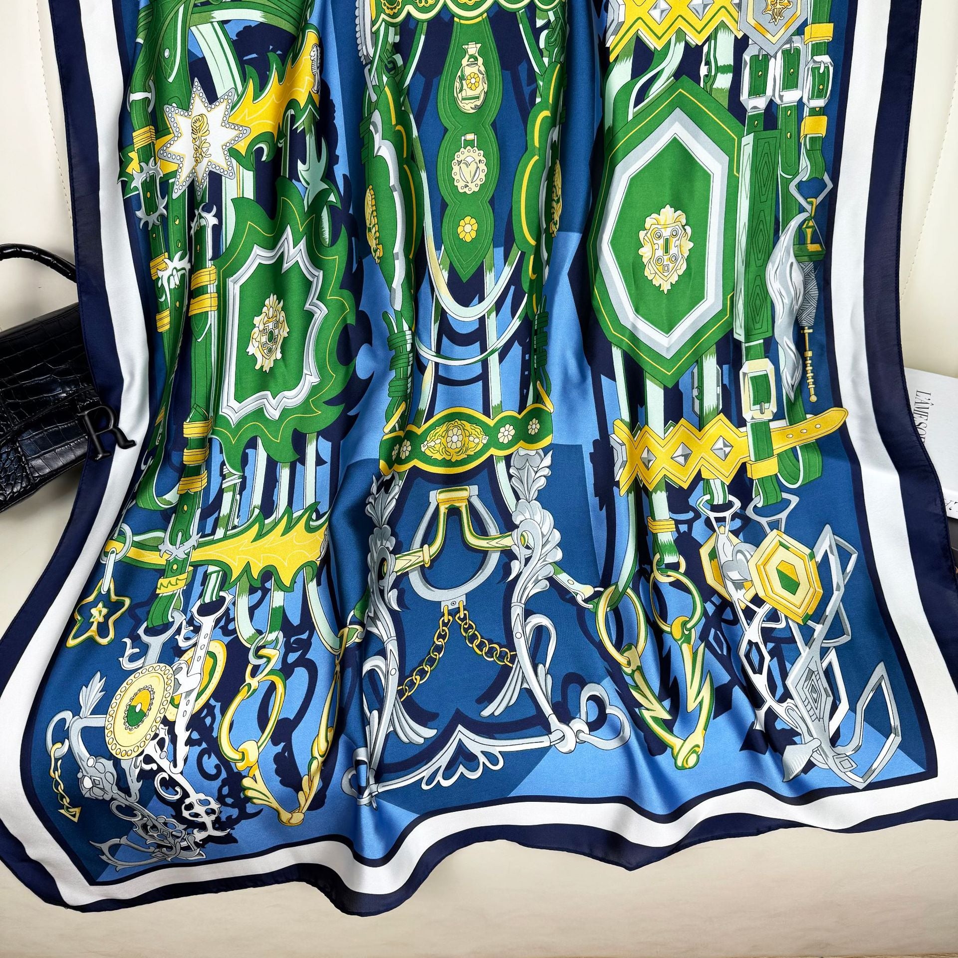 European and American fashion totem chain printed long silk scarf, elegant temperament women's vacation sunscreen thin shawl scarf