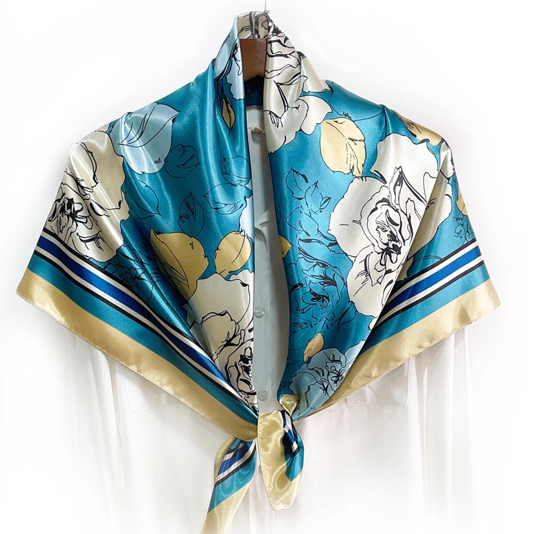 Elegant temperament women's decorative scarf, imitation silk satin plant flower flower printed silk scarf, bag head square scarf