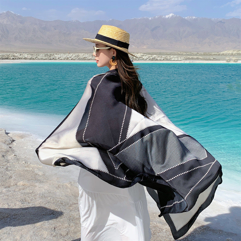 Simple and elegant geometric color matching simulation silk long silk scarf, travel and vacation sunscreen beach towel shawl, headscarf