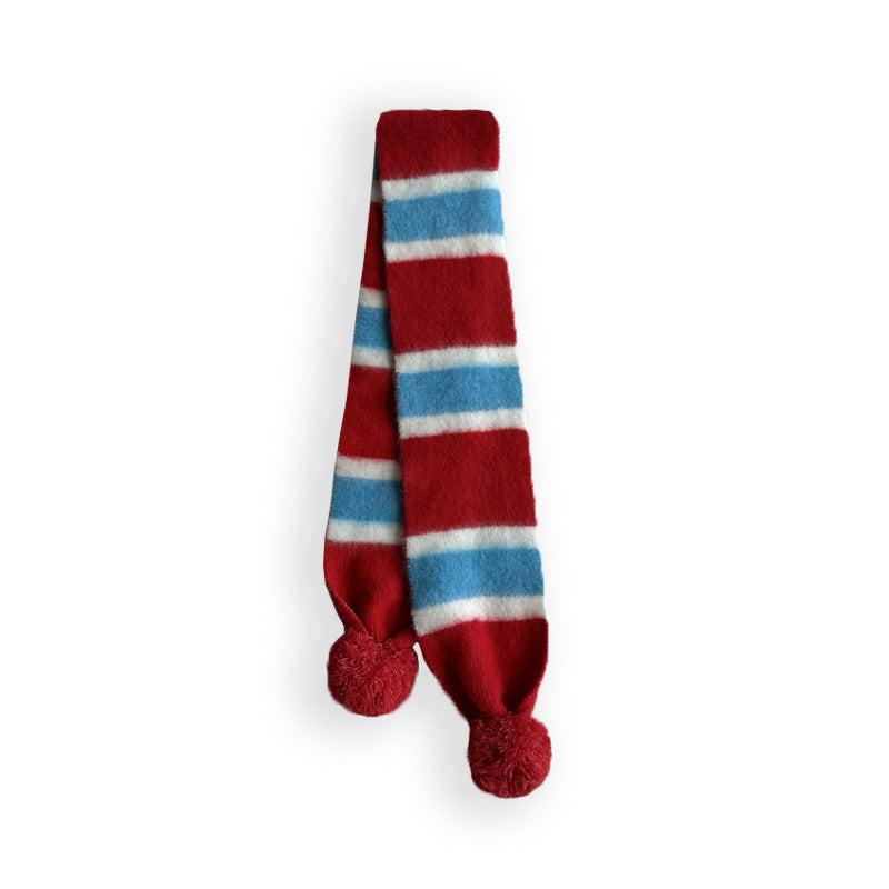Designer wool-blend brushed striped knitted scarf female winter girl hanging hairball contrasting color Korean scarf