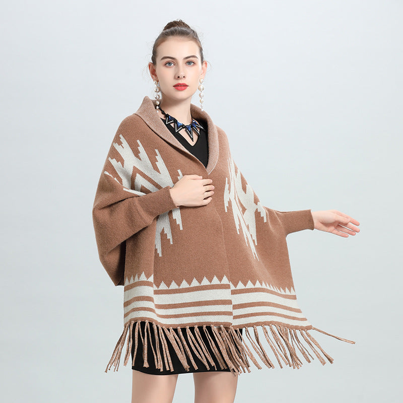 European and American autumn and winter new striped fringed bat-sleeved knitted sweater cardigan shawl scarf dual-purpose 0910 #