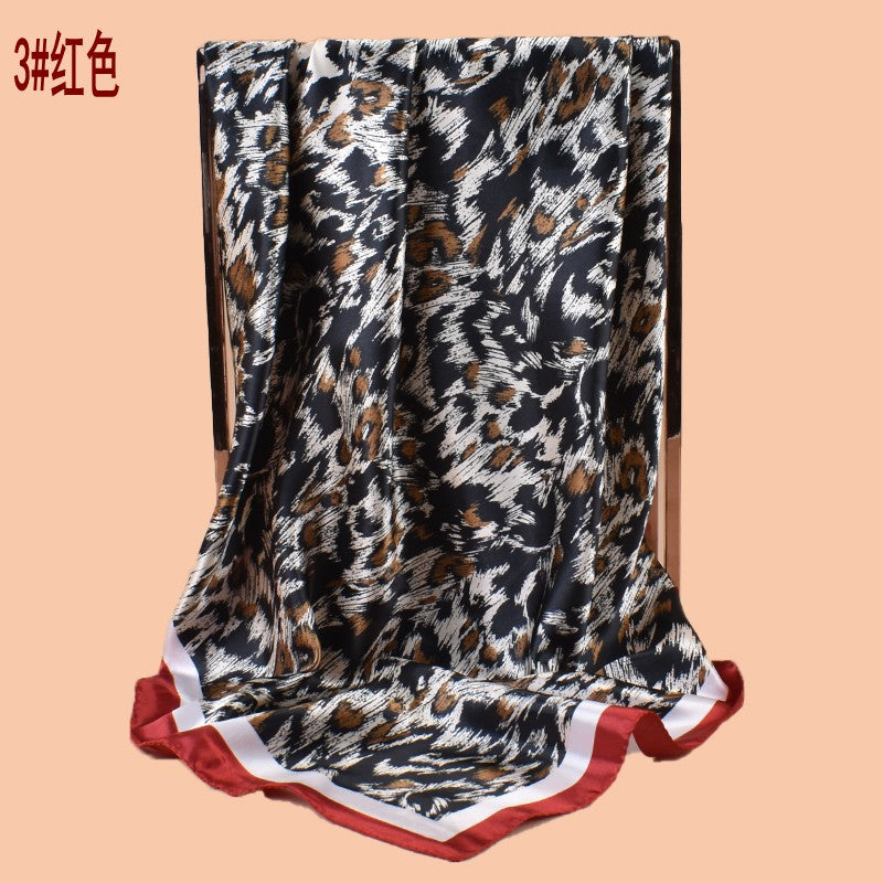 2025 new 90cm-satin sketch leopard print versatile printed square scarf with sunscreen, bag head silk scarf decoration, scarf