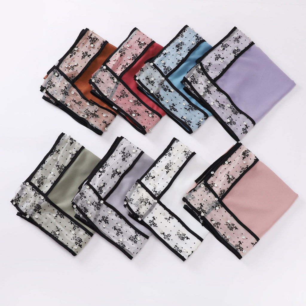 New pearl chiffon lace edge nail diamond square scarf headscarf Malaysian headscarf