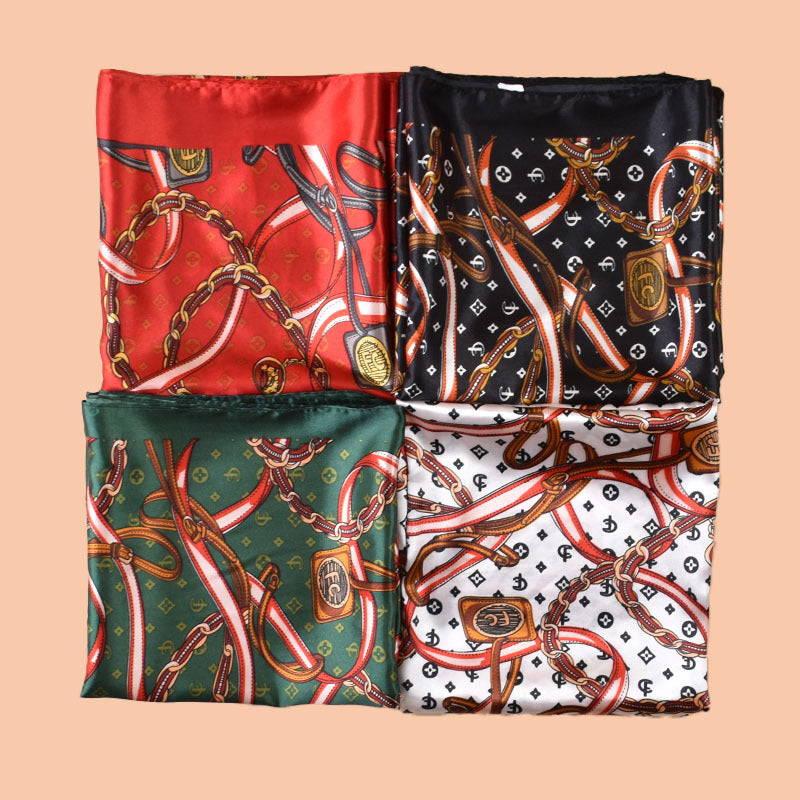 2025 new 90cm satin chain belt printed square scarf with sunscreen bag head silk scarf decorative scarf