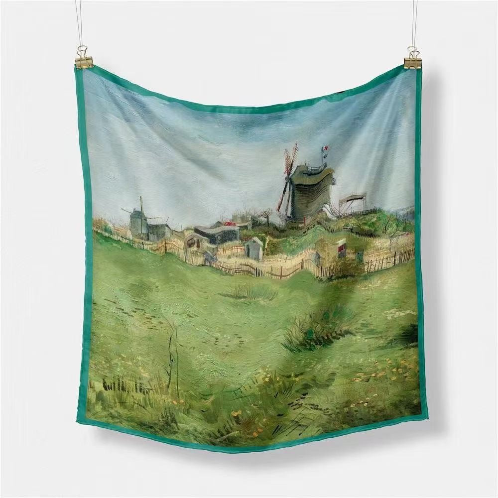 Fashion Van Gogh art oil painting 53cm small square scarf, twill silk imitation silk women's scarf, headband