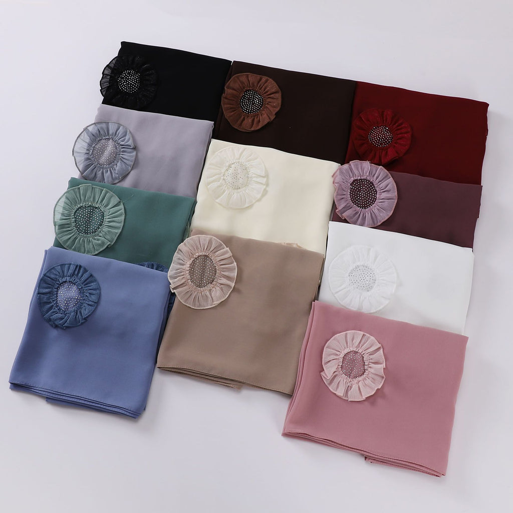 New pearl chiffon scarf circle hot diamond pleated lace long scarf Middle East Africa Malaysia headscarf