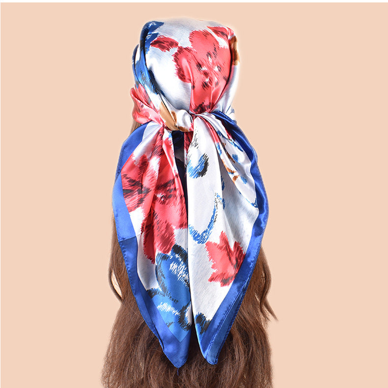 Spring new fashionable versatile large shawl imitation silk flower printing silk scarf head scarf 90-color square scarf