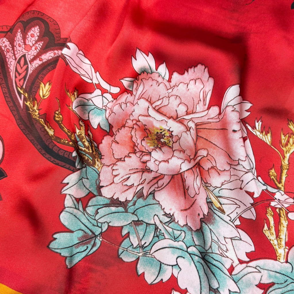 Retro ethnic style plant national flower simulation silk long silk scarf, positive red, simple and elegant temperament women's outer shawl souvenir