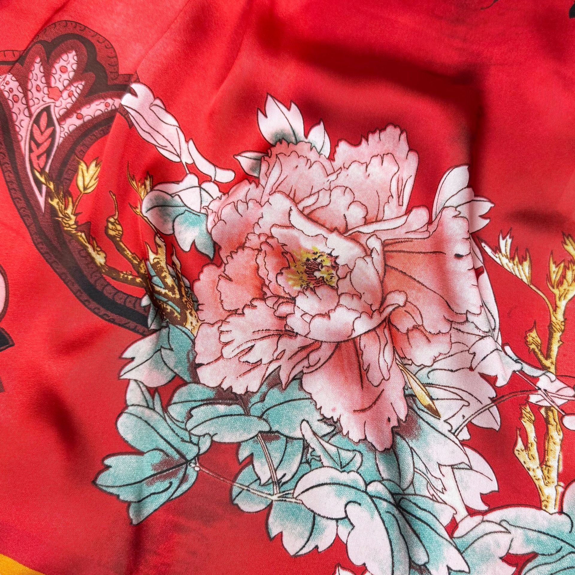 Retro ethnic style plant national flower simulation silk long silk scarf, positive red, simple and elegant temperament women's outer shawl souvenir