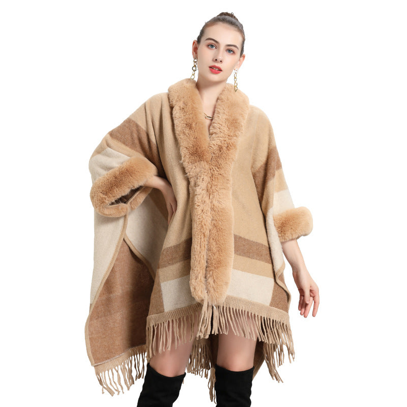 European and American autumn and winter new imitation Rex rabbit fur collar fashion striped loose fringed knitted cardigan shawl cape 0913 #