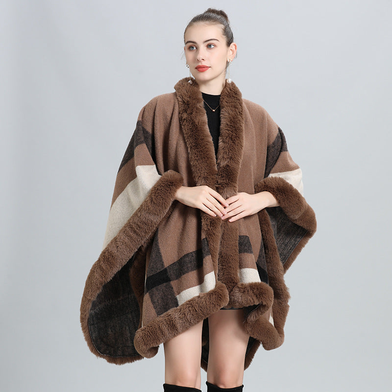 European and American autumn and winter new temperament plaid fur collar shawl cape scarf shawl fur shawl 0968 #