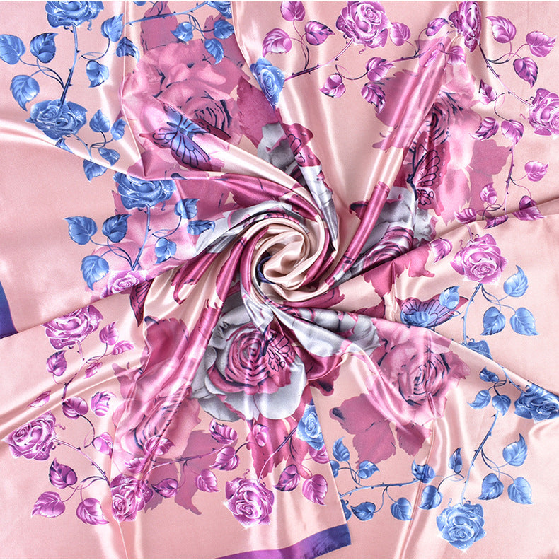 New fashionable versatile crystal rose pattern printing high-quality 90 * 90 satin square towel