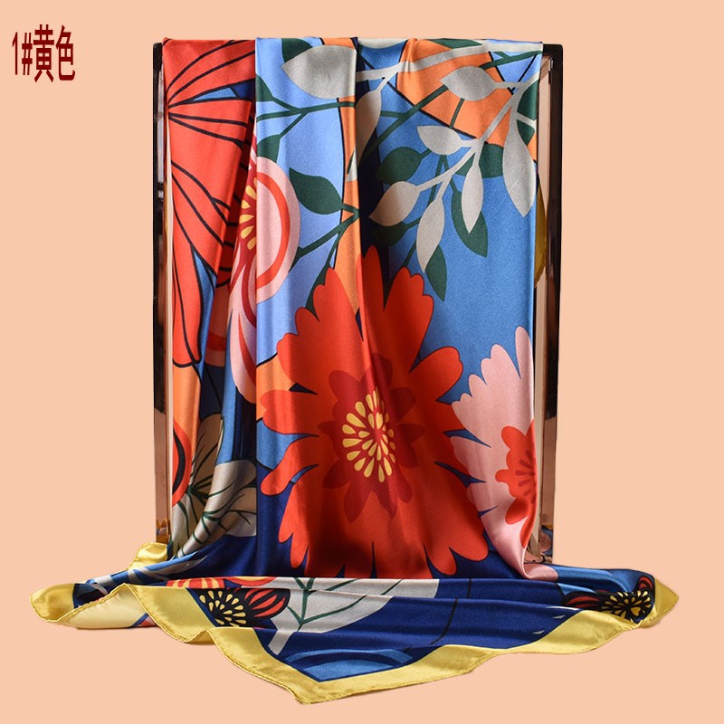 2025 new 90cm-satin cartoon large flower printing square scarf with sunscreen bag head silk scarf decorative scarf