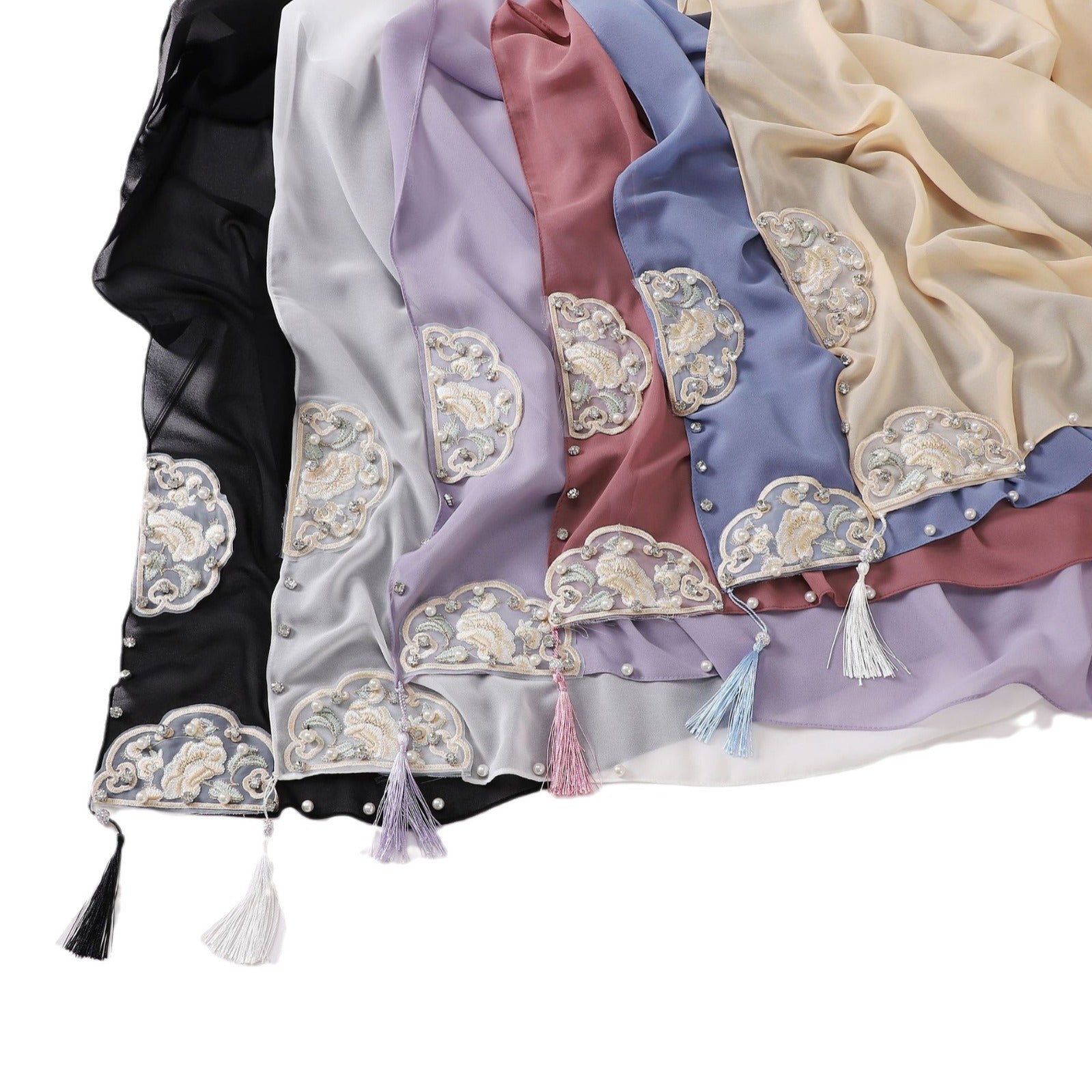 New pearl chiffon national style embroidered square scarf high-grade diamond fringed yarn