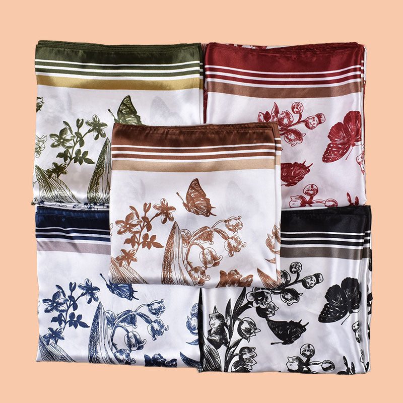 2025 new 90cm-satin butterfly lily printed square scarf with sunscreen bag head silk scarf decorative scarf