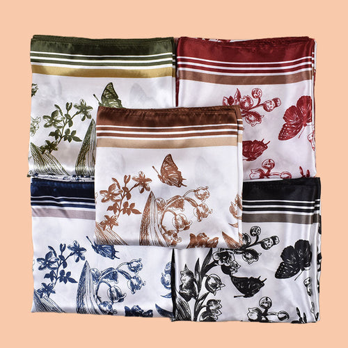 2025 new 90cm-satin butterfly lily printed square scarf with sunscreen bag head silk scarf decorative scarf