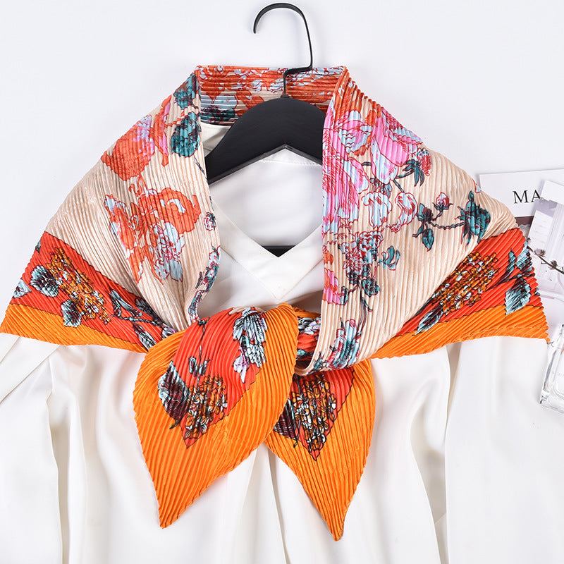 Summer new fashion retro flower pleated 90 satin large square scarf silk scarf imitation silk scarf