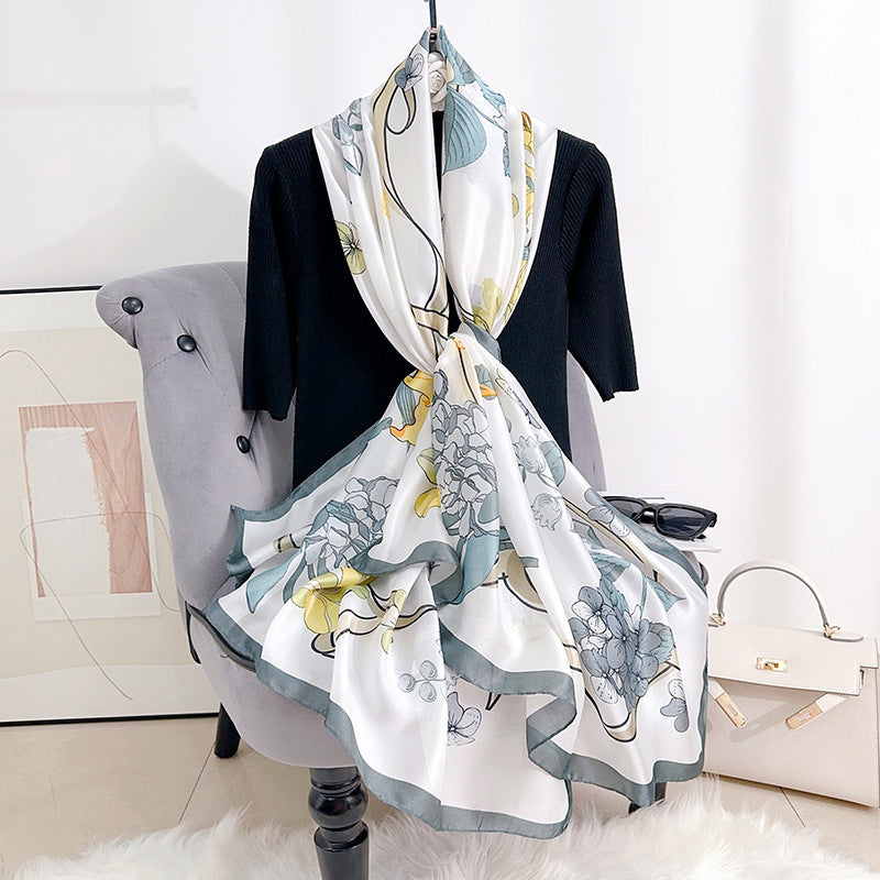 Stylish and elegant plant flower flower print long silk scarf, sweet and fresh literary girl with shawl