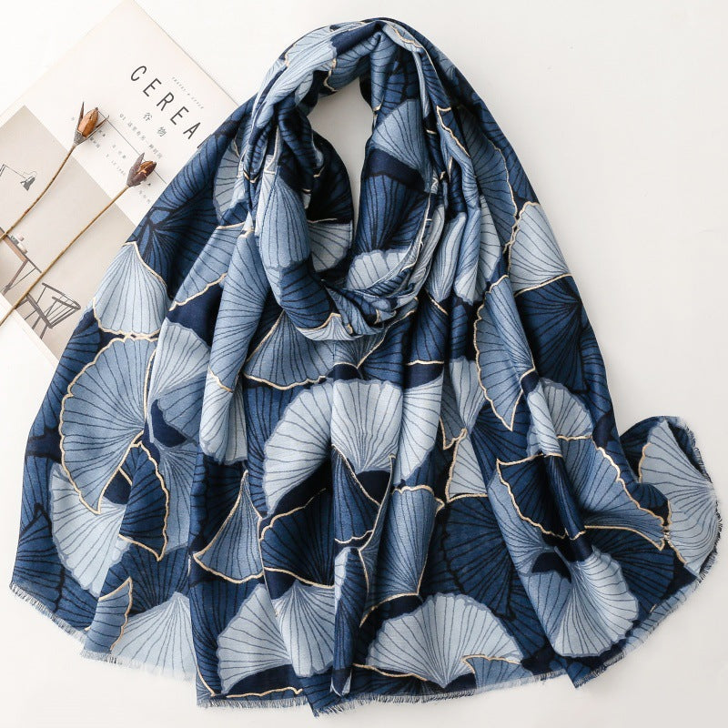 Cotton and linen feel scarf soft silk scarf bronzing golden autumn ginkgo biloba print shawl