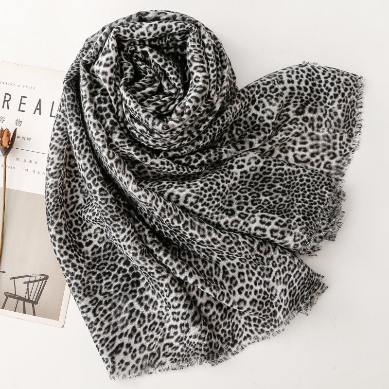cotton and linen feel scarves leopard leopard print rough edge printing shawl women