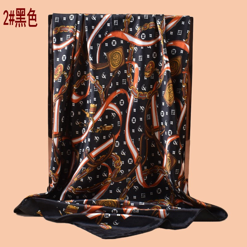 2025 new 90cm satin chain belt printed square scarf with sunscreen bag head silk scarf decorative scarf