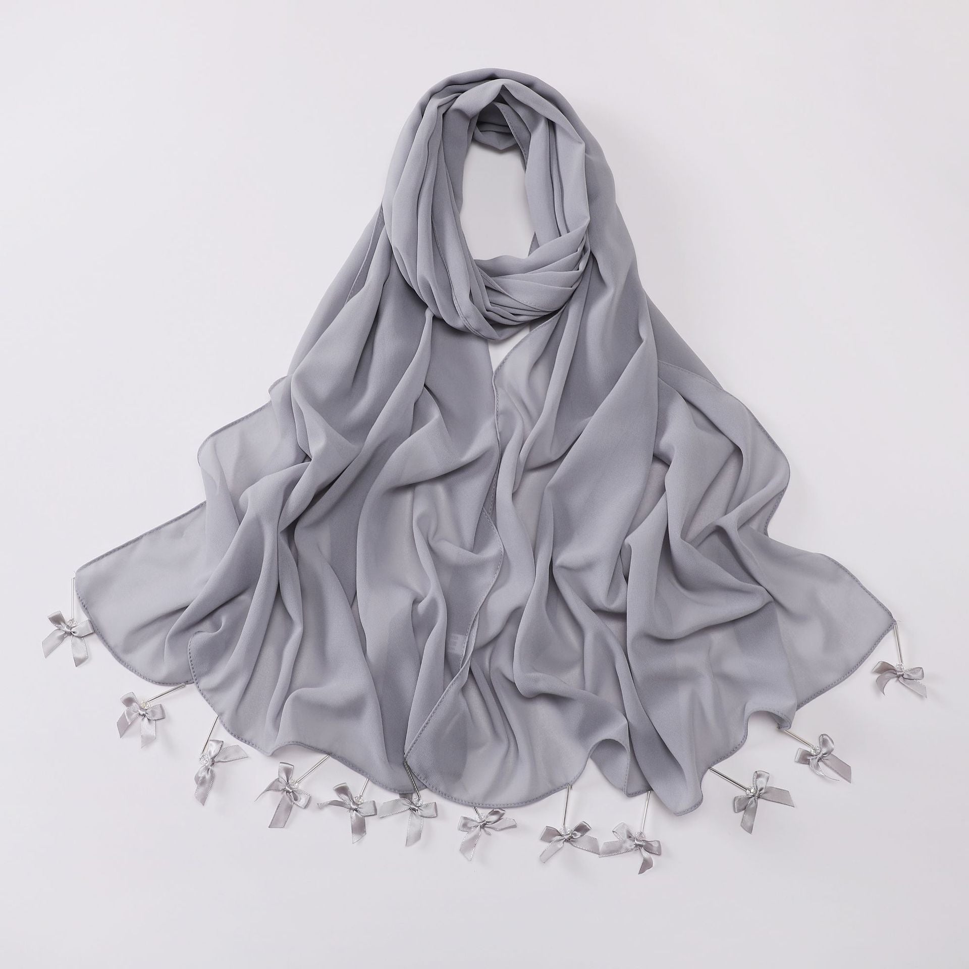 Hand sewn glass tube bow chiffon long towel yarn scarf Malaysia small fresh headscarf