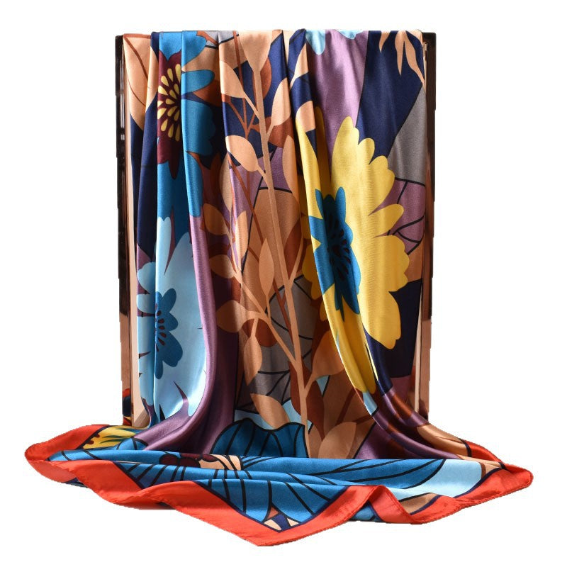 2025 new 90cm-satin cartoon large flower printing square scarf with sunscreen bag head silk scarf decorative scarf