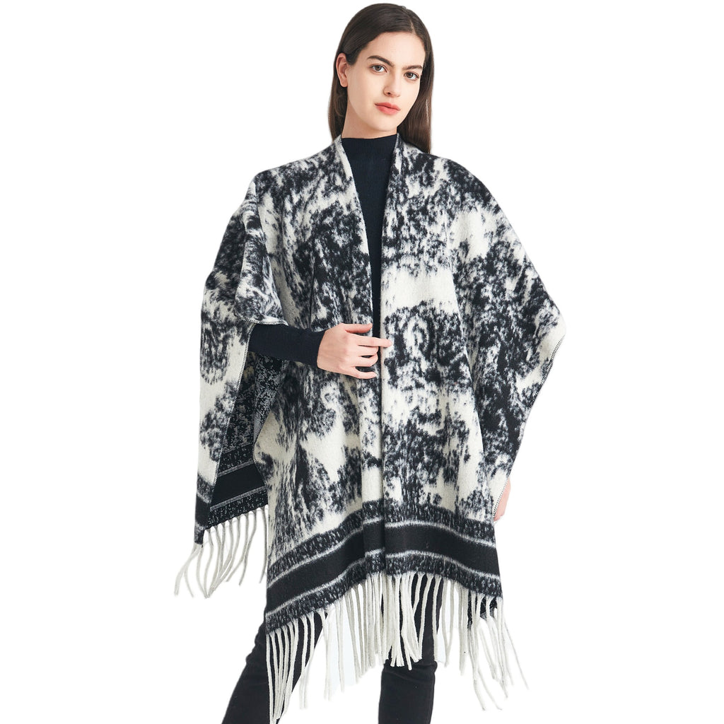 European, American spring, autumn and winter women's jacquard double-sided fringed shawl