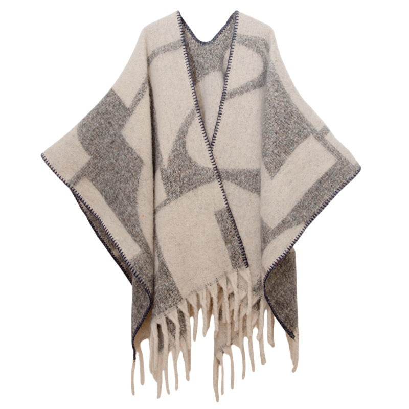 2025 new European and American autumn and winter circle yarn imitation mohair thickened jacquard geometric shawl