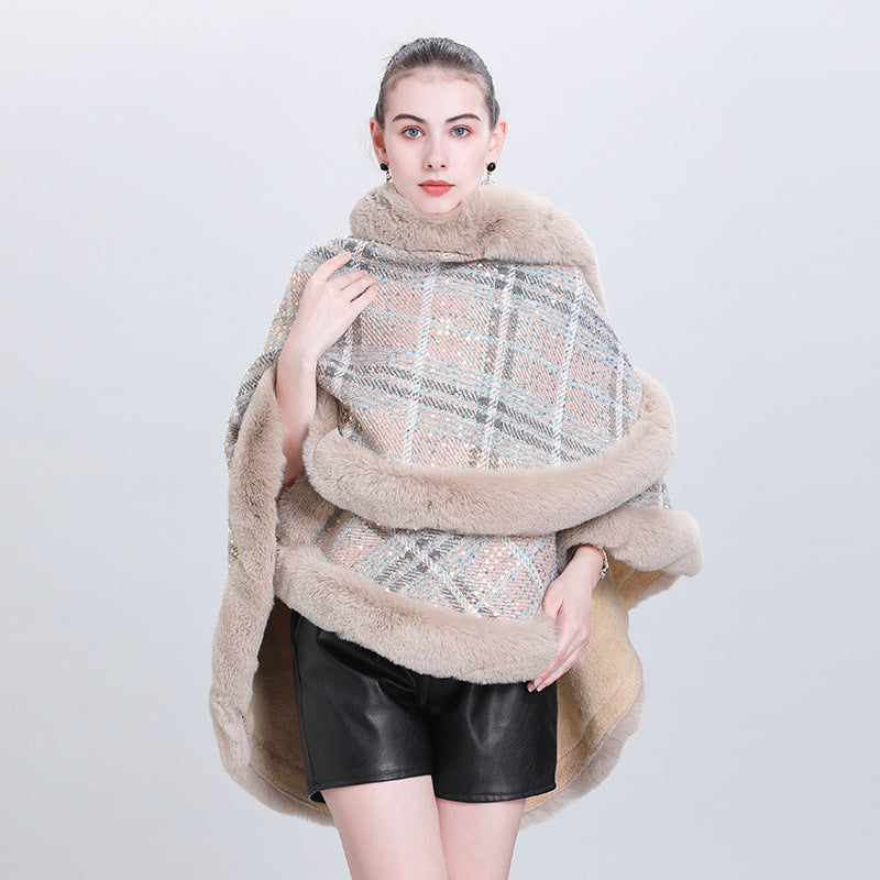 Autumn and winter new sequined knitted shawl fur collar jacket piled and thickened versatile plaid cape shawl Q0999 #