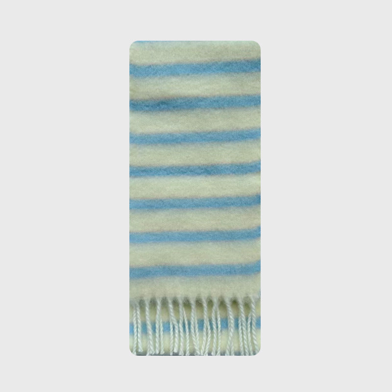 French designer 35% wool blended color striped scarf women's winter thickened atmosphere fringed scarf
