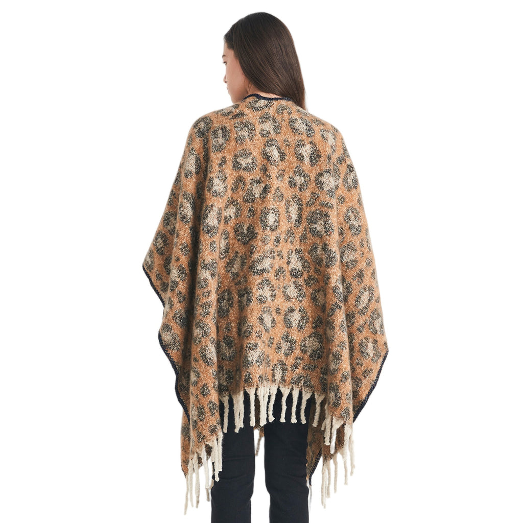 European, American autumn and winter circle yarn imitation mohair thickened jacquard leopard print fringed cross shawl