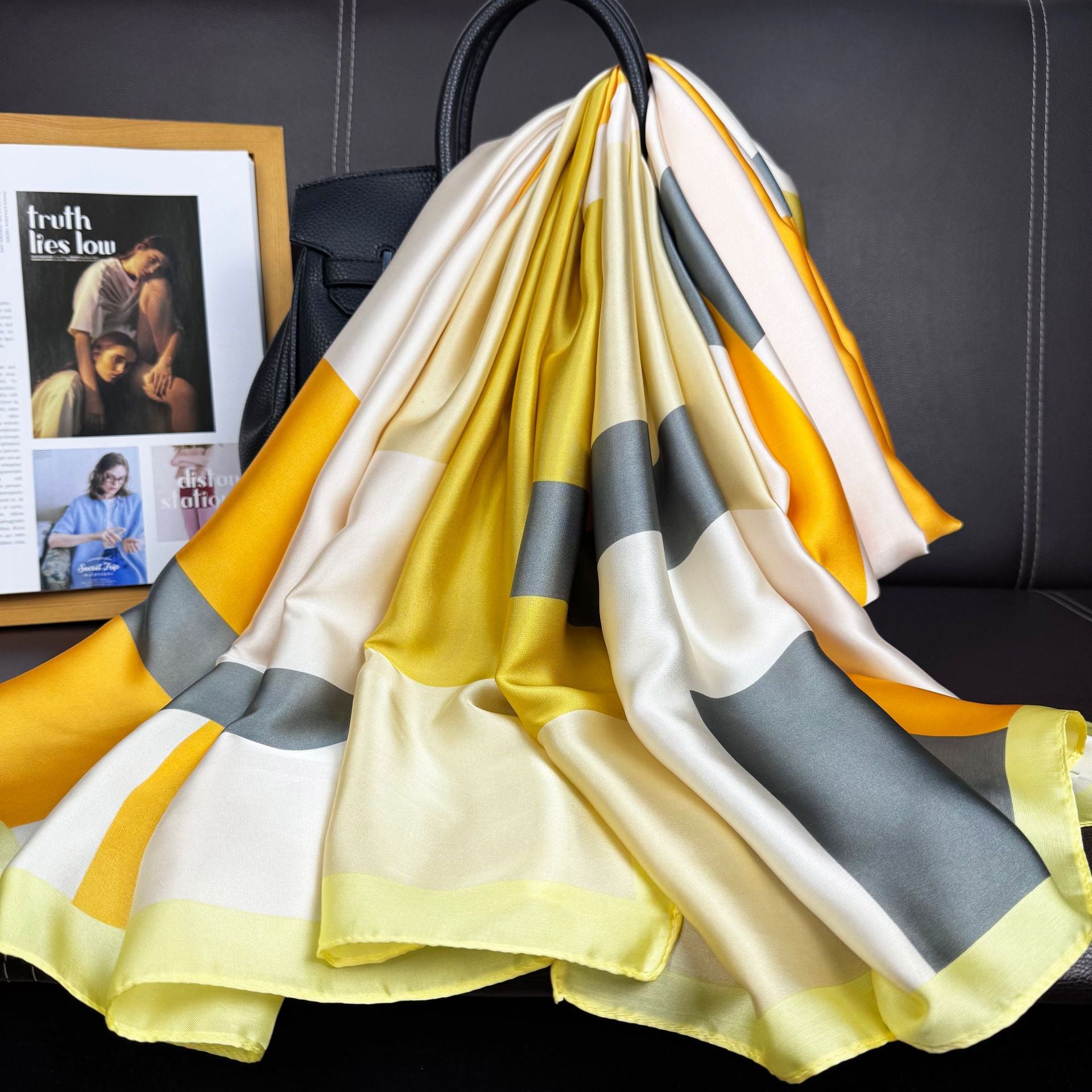 Spring new products, minimalist and elegant geometric contrasting colors, long brocade silk scarves, women's travel and vacation shawls