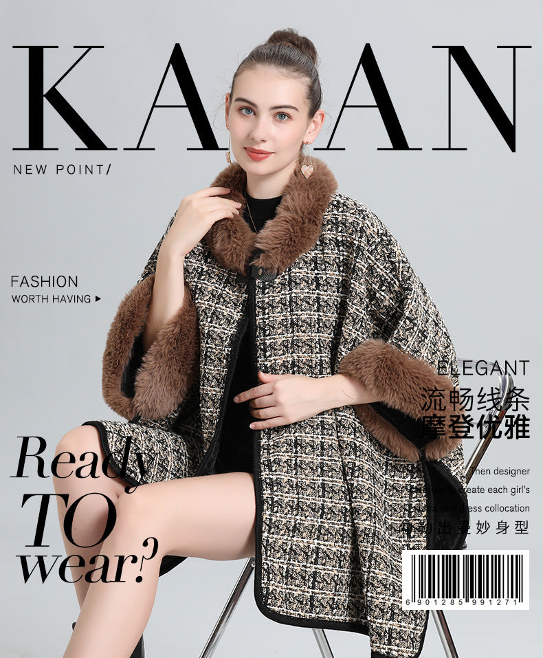 European and Korean autumn and winter new velvet large size loose imitation fur collar knitted cardigan cape shawl woolen coat 0964 #