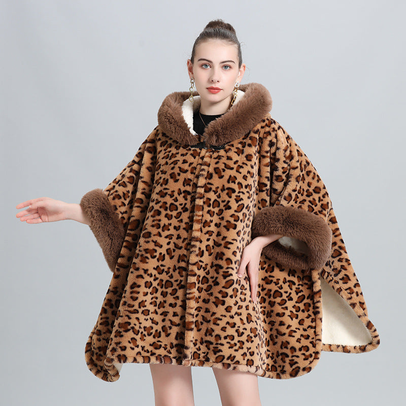 Cloak Shawl Leopard Point Fleece Thickened Fur Collar Fringed Knitted Shawl Large Size Wool Jacket 0960