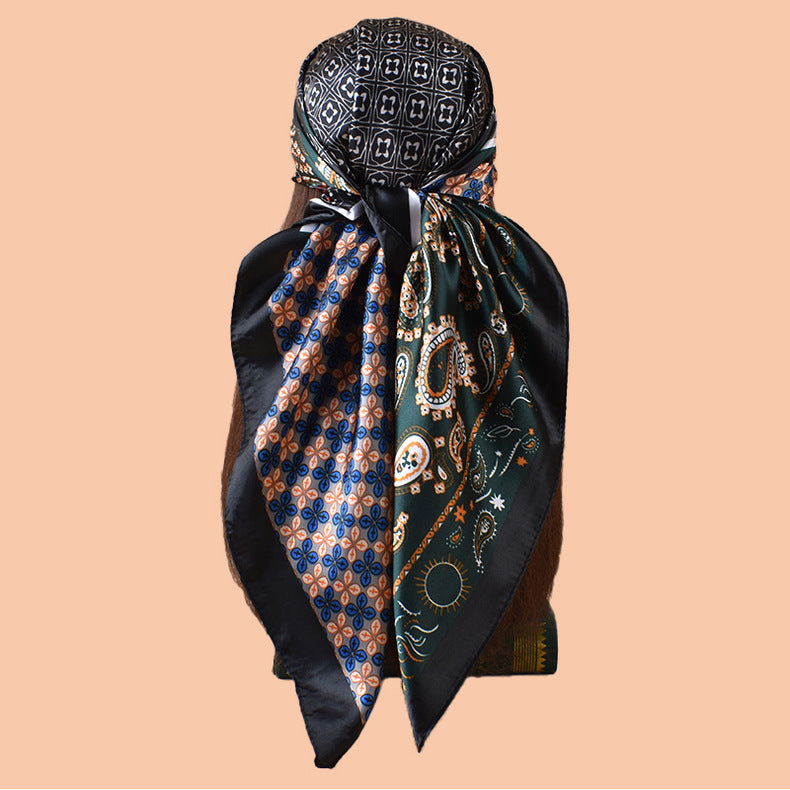 2025 new 90-satin combination pattern versatile printed square scarf with sunscreen, bag head silk scarf decoration, scarf