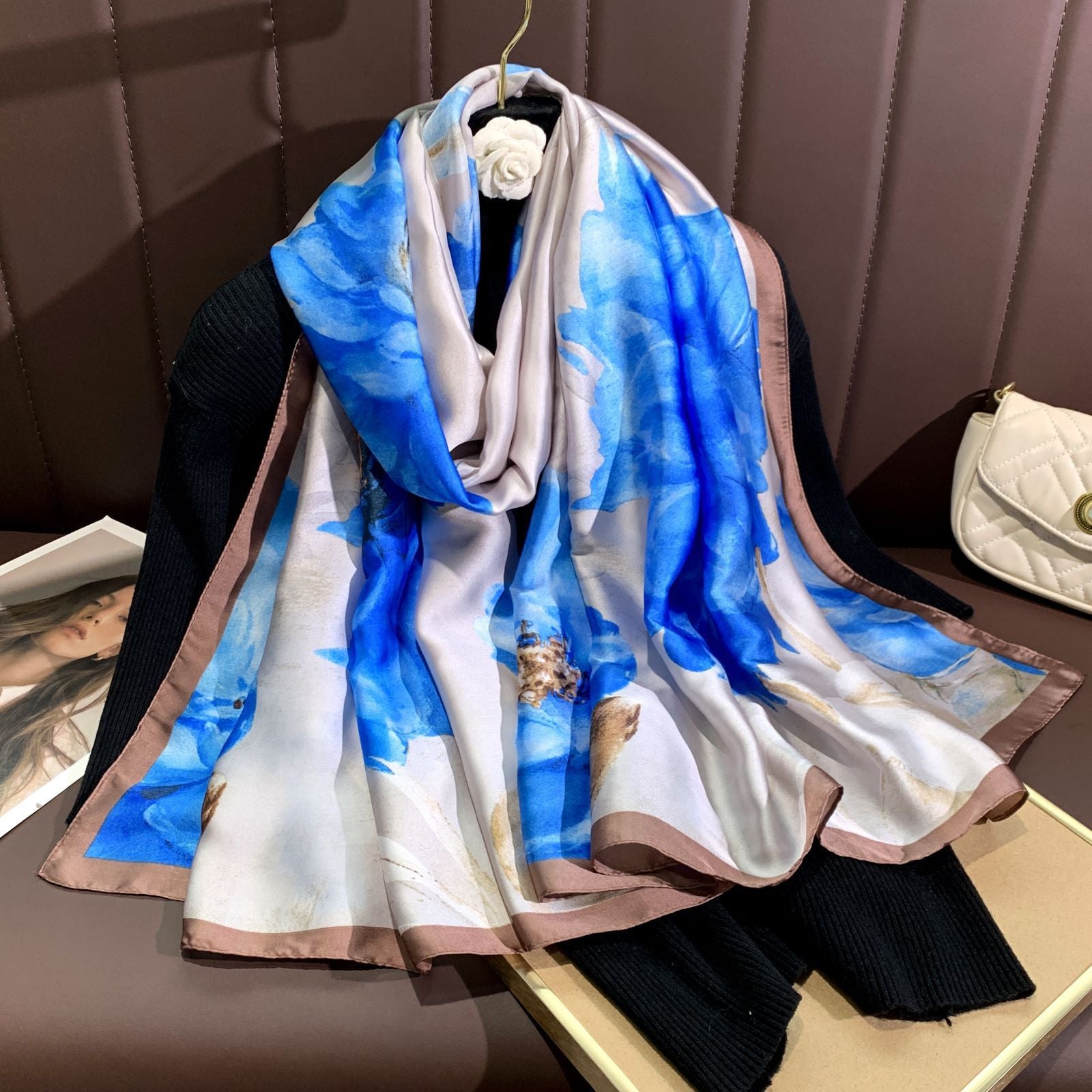 Foreign style fashionable long silk scarf women's scarf, spring, summer and autumn flower print travel vacation sun protection versatile shawl