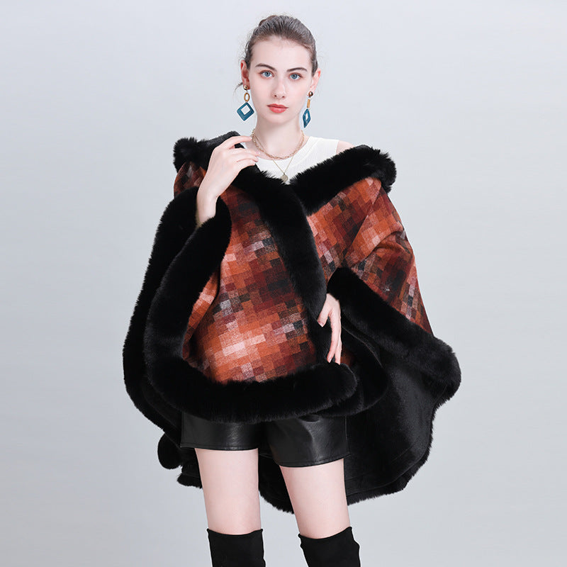 European and American autumn and winter fashion new cape shawl piled thickened plaid fur collar hooded scarf shawl cape 0985
