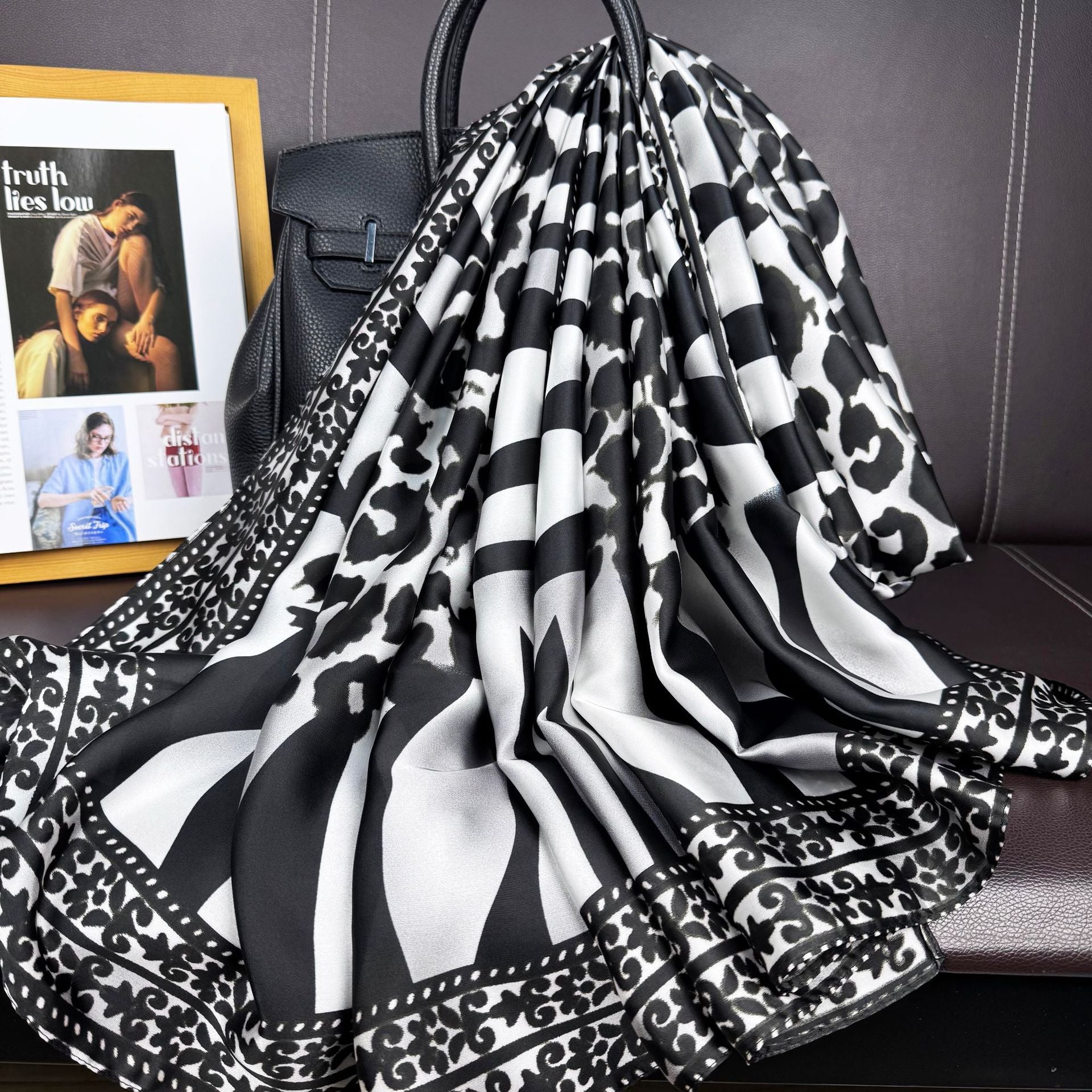 Fashion versatile geometric lines leopard print long silk scarf, ethnic women's dress sunscreen