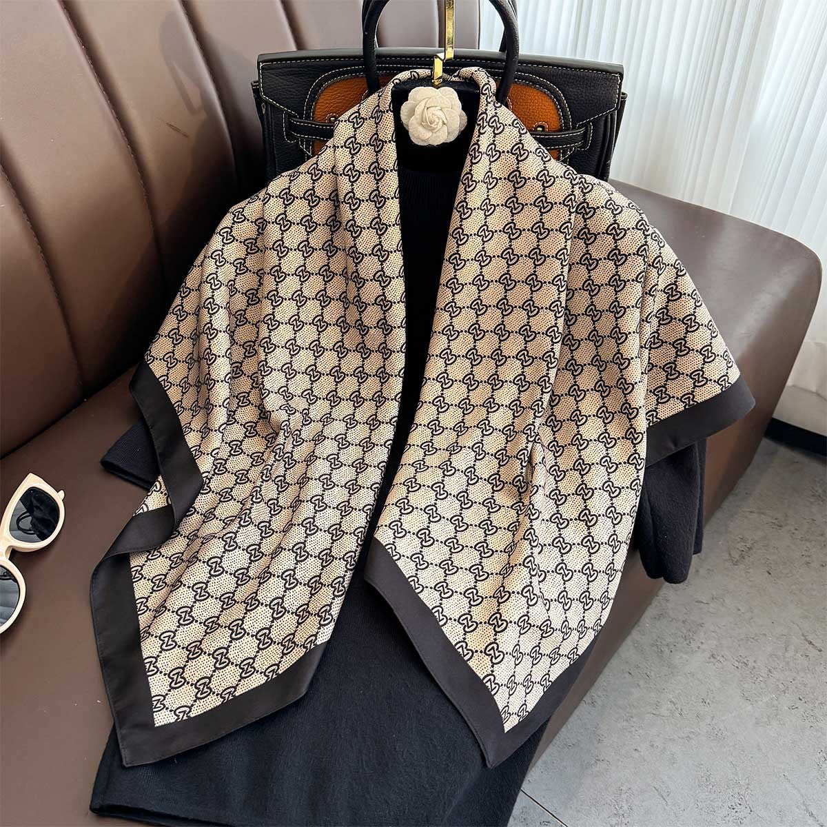 Plaid scarf twill silk large square scarf travel sunscreen shawl decorative headscarf 90cm letter silk scarf new